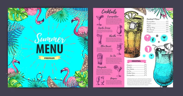 Restaurant design de menu d'été avec des feuilles tropiques et flamant rose. Menu de restauration rapide — Image vectorielle