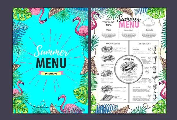 Restaurante de diseño de menú de verano con hojas tropicales y flamenco. Menú de comida rápida — Vector de stock