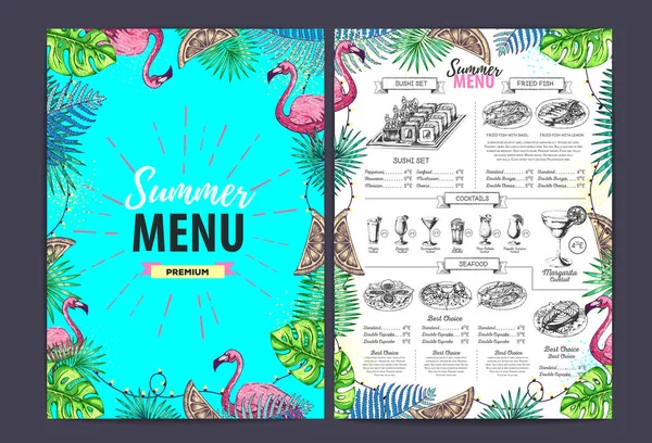 Restaurant Sommermenü-Design mit tropischen Blättern und Flamingo. Fast-Food-Karte. — Stockvektor