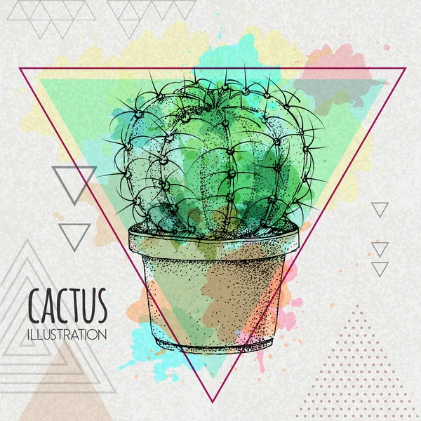 Hand ritning kaktus vektor illustration på konstnärlig akvarell triangel bakgrund — Stock vektor