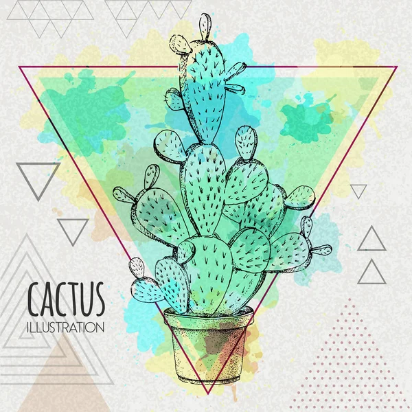 Handtekening cactus vector illustratie op artistieke aquarel driehoek achtergrond — Stockvector