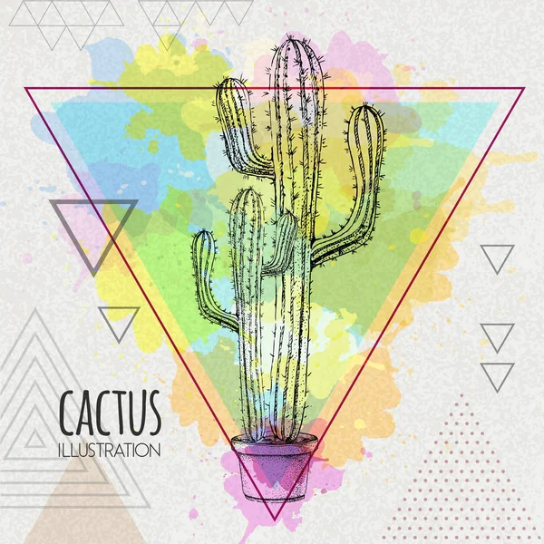 Dibujo a mano vector cactus ilustración en fondo triángulo acuarela artística — Vector de stock