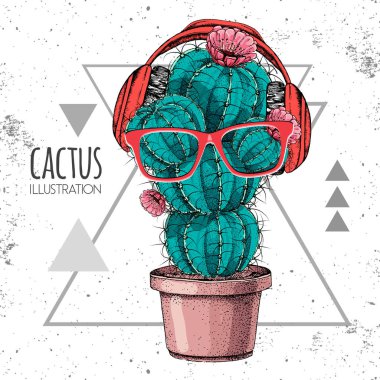 Grunge üçgeni arka planında kulaklıklı el çizimi kaktüs vektör çizimi