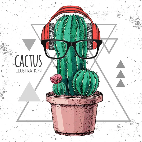 Hand drawing cactus vector illustration with headphones on grunge triangle background — Stock Vector
