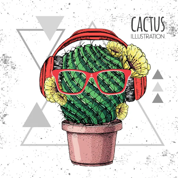 Dibujo a mano vector cactus ilustración con auriculares en el fondo del triángulo grunge — Vector de stock