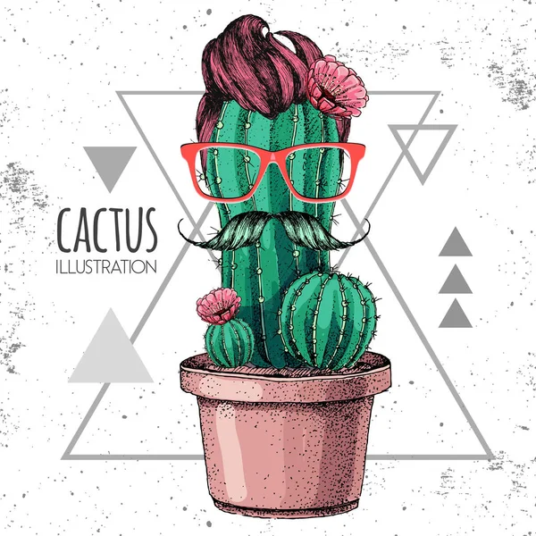 Handtekening hipster cactus met snor vector illustratie op grunge driehoek achtergrond — Stockvector