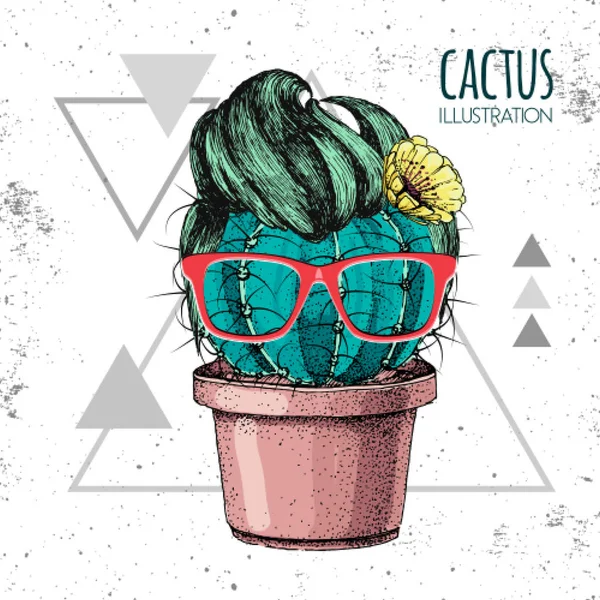 Dibujo a mano cactus hipster con ilustración de vectores de bigote sobre fondo de triángulo grunge — Archivo Imágenes Vectoriales