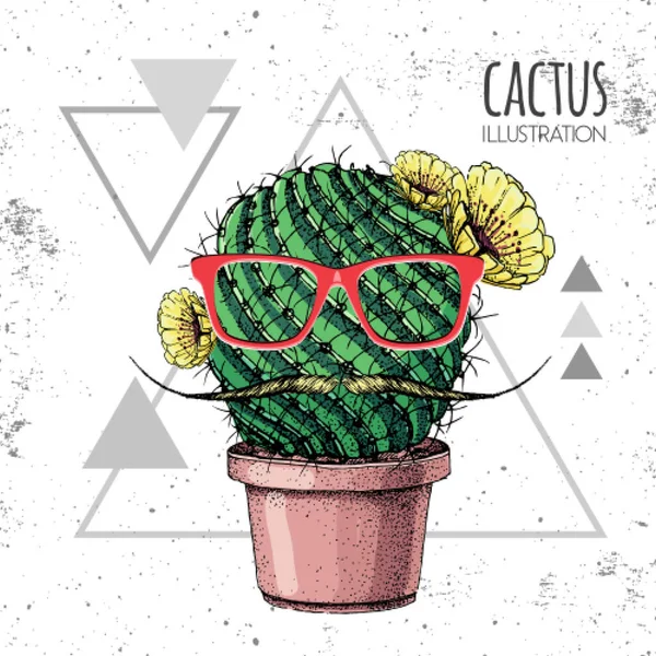 Dibujo a mano cactus hipster con ilustración de vectores de bigote sobre fondo de triángulo grunge — Vector de stock