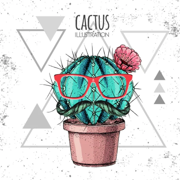 Hand drawing hipster cactus with mustache vector illustration on grunge triangle background — Stock Vector