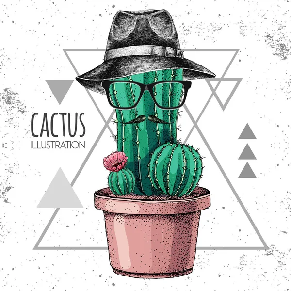 Handtekenende hipster cactus met snor en hoed. Vector illustratie op grunge driehoek achtergrond — Stockvector