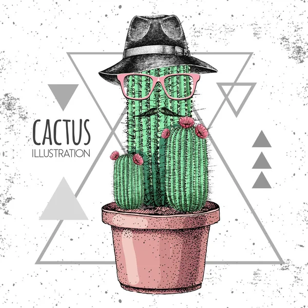 Dibujo a mano de cactus hipster con bigote y sombrero. Ilustración vectorial sobre fondo de triángulo grunge — Vector de stock