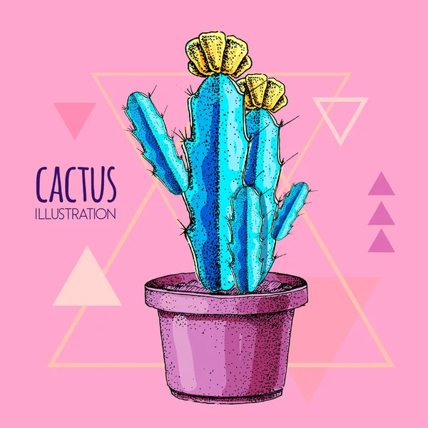 Kézrajz kék fluoreszkáló kaktusz vektor illusztráció rózsaszín háttér — Stock Vector