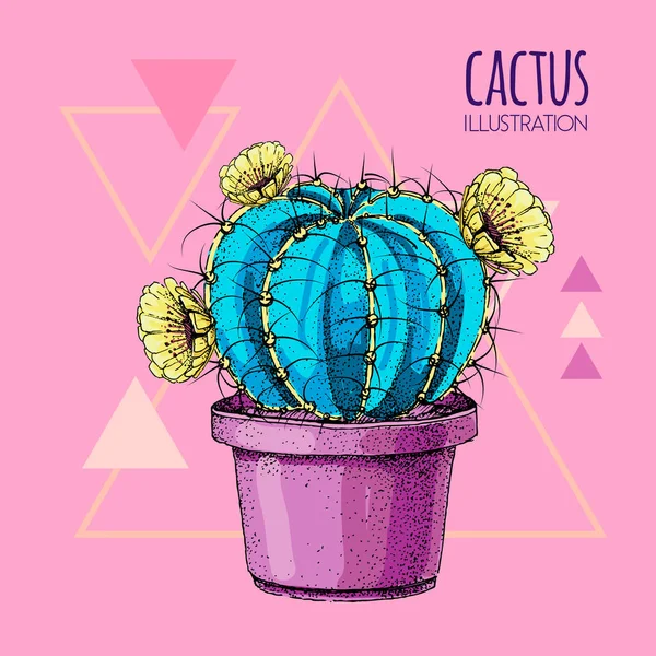 Dessin à la main bleu fluorescent cactus vecteur illustration fond rose — Image vectorielle