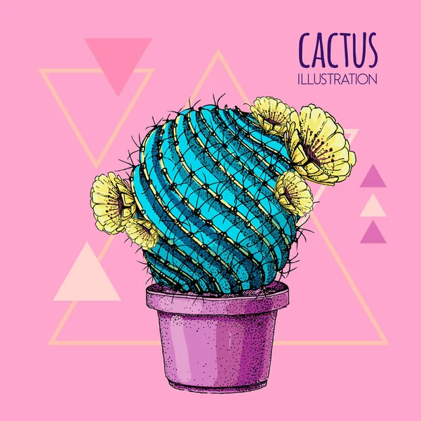 Handtekening blauw fluorescerende cactus vector illustratie roze achtergrond — Stockvector
