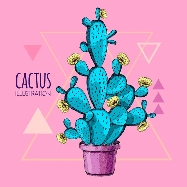Ręczne rysowanie niebieski fluorescencyjny kaktus wektor ilustracja różowy tło — Wektor stockowy