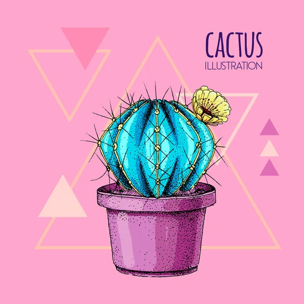 Handtekening blauw fluorescerende cactus vector illustratie roze achtergrond — Stockvector