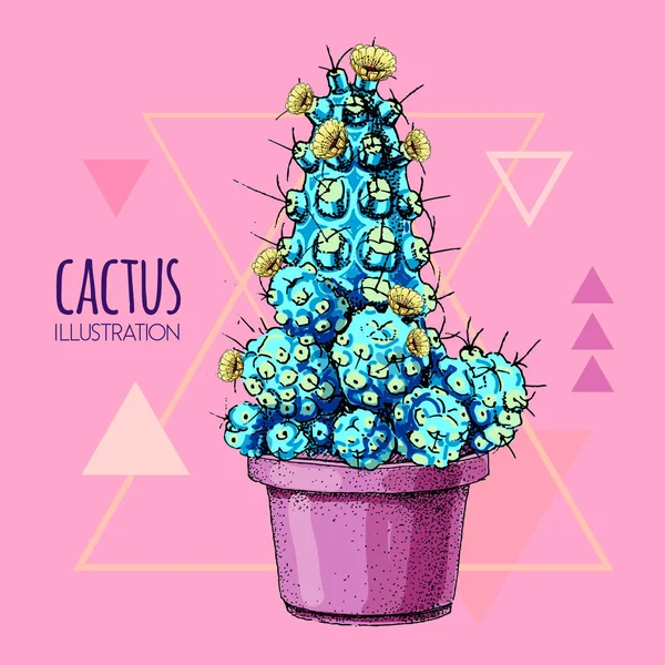 Ręczne rysowanie niebieski fluorescencyjny kaktus wektor ilustracja różowy tło — Wektor stockowy
