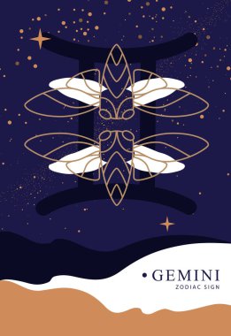 Astroloji burcuyla modern büyü kartı. Gemini burcu. Kelebek veya ağustos böceği çizimi