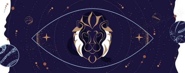 Σύγχρονη Μαγική Κάρτα Ζώδιο Τον Λίο Ζόντιακ Σχεδιασμός Λογότυπου Κεφαλής — Διανυσματικό Αρχείο