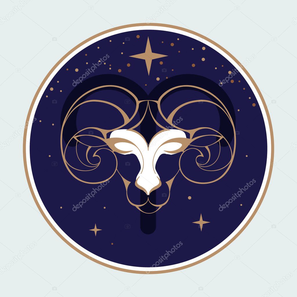 Modern magic witchcraft card with astrology Aries zodiac sign. Ram or mouflon head logo design