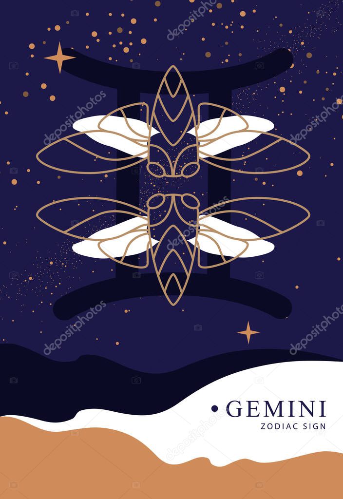 Modern magic witchcraft card with astrology Gemini zodiac sign. Butterfly or cicada illustration