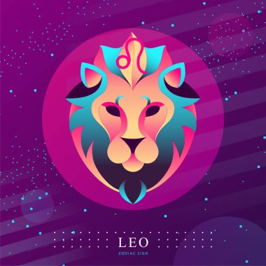 Astroloji Leo burçlu modern büyü kartı. Aslan başlı logo tasarımı