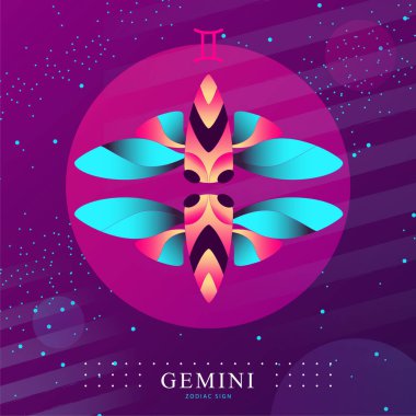 Astroloji burcuyla modern büyü kartı. Gemini burcu. Kelebek veya ağustos böceği çizimi