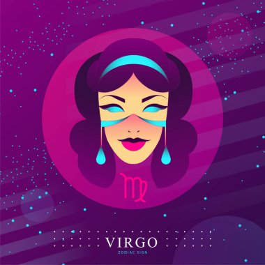 Astroloji burcuyla modern büyü kartı. Başak burcu işareti. Kadın baş logosu tasarımı