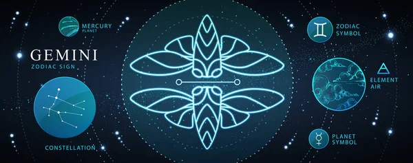 Nowoczesna Magiczna Karta Astrologicznym Znakiem Zodiaku Gemini Neonowy Motyl Lub — Wektor stockowy