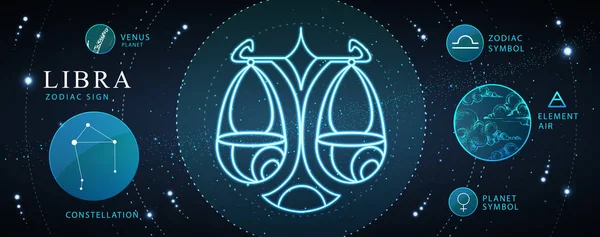 占星術の天秤座の星座と現代の魔法の魔術カード ネオンスケールのイラスト 干支の特徴 — ストックベクタ