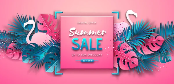 Sommerschlussverkauf Poster Mit Rosa Und Blauen Tropischen Blättern Und Flamingo — Stockvektor