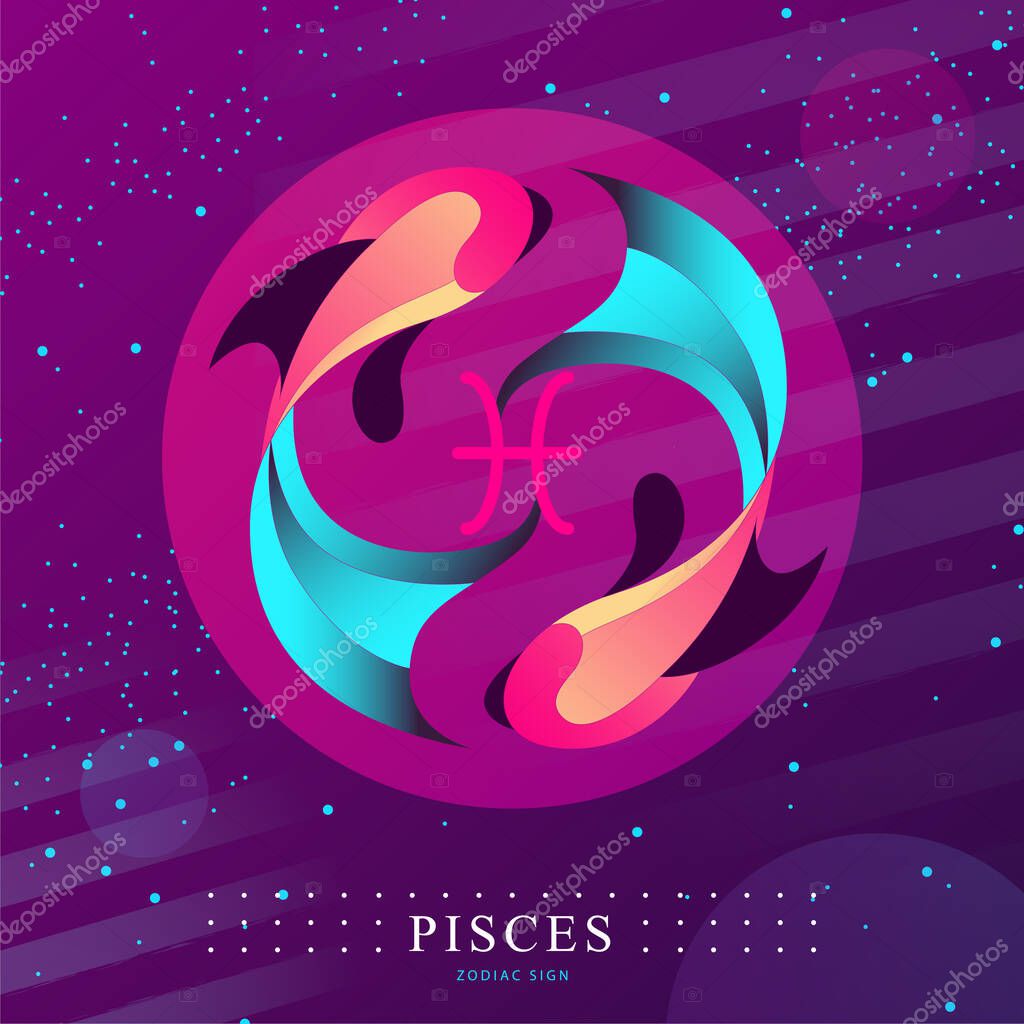 Modern magic witchcraft card with astrology Pisces zodiac sign. Koi fish logo design