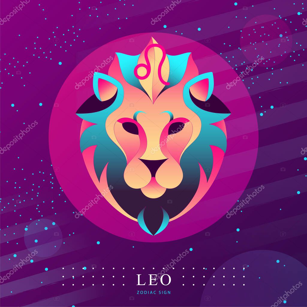 Modern magic witchcraft card with astrology Leo zodiac sign. Lion head logo design