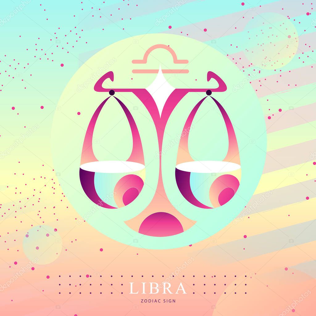Modern magic witchcraft card with astrology Libra zodiac sign. Scales logo design