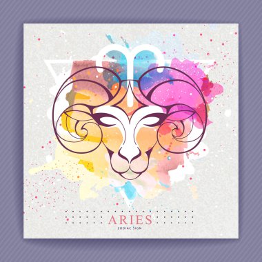 Sanatçı suluboya arka planında astrolojisi olan modern büyü büyücülük kartı. Ram ya da mouflon baş logo tasarımı