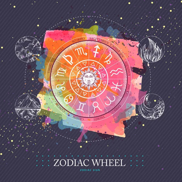 Σύγχρονη Μαγεία Αστρολογία Τροχός Ζωδιακό Κύκλο Σημάδια Στο Φόντο Ακουαρέλα — Διανυσματικό Αρχείο