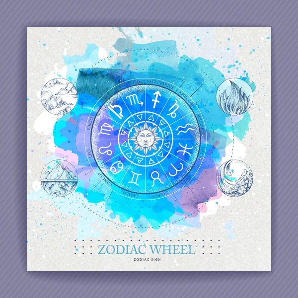 Modern Magic Witchcraft Astrology Wheel Zodiac Signs Watercolor Background Horoscope — Stock Vector