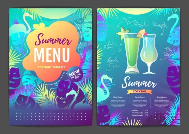 Restoran, tropikal eğimli floresan tropik yapraklı ve flamingolu menü tasarımı. Fast food menüsü