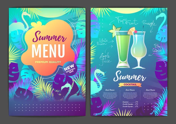 Restaurant Summer Tropical Gradient Menu Design Fluorescent Tropic Leaves Flamingo — Stock Vector