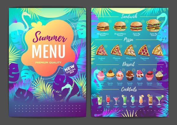 Ресторан Летом Тропического Градиентного Меню Дизайн Флуоресцентными Тропическими Листьями Фламинго — стоковый вектор