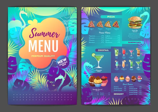 Restaurant Summer Tropical Gradient Menu Design Fluorescent Tropic Leaves Flamingo — Stock Vector