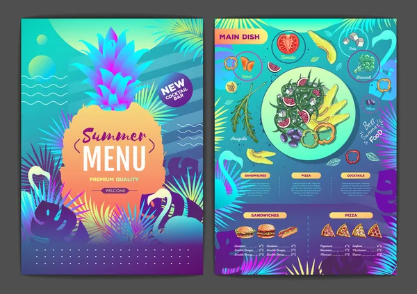 Restaurant Zomer Tropische Gradiënt Menu Ontwerp Met Fluorescerende Tropische Bladeren — Stockvector