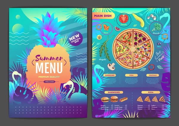 餐厅夏季热带梯度披萨菜单设计与荧光热带叶和火烈鸟 快餐菜单 — 图库矢量图片