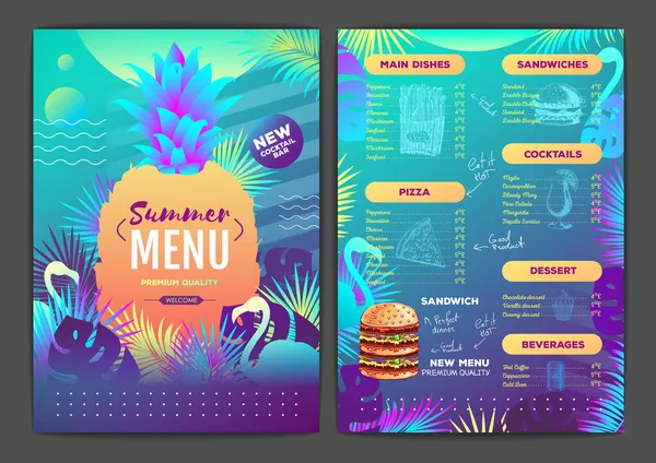 Restaurant Zomer Tropische Gradiënt Menu Ontwerp Met Fluorescerende Tropische Bladeren — Stockvector