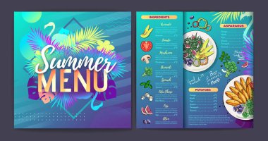 Restoran, tropikal eğimli floresan tropik yapraklı ve flamingolu menü tasarımı. Fast food menüsü