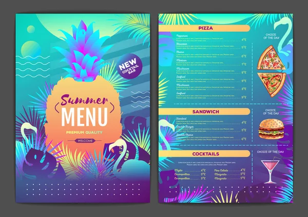 Restaurace Letní Tropické Gradient Menu Design Fluorescenční Tropické Listy Flamingo — Stockový vektor