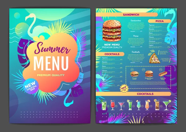 餐厅夏季热带梯度菜单设计与荧光热带叶和火烈鸟 快餐菜单 — 图库矢量图片
