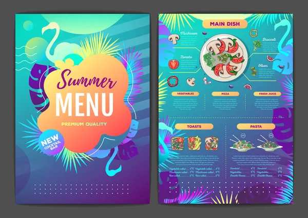 Restaurant Summer Tropical Gradient Menu Design Fluorescent Tropic Leaves Flamingo — Stock Vector