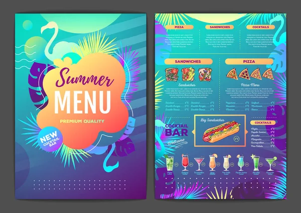 Restaurace Letní Tropické Gradient Menu Design Fluorescenční Tropické Listy Flamingo — Stockový vektor