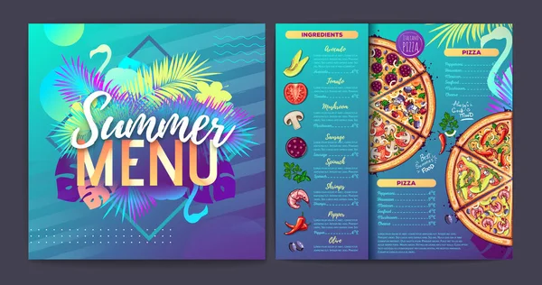 Restaurant Summer Tropical Gradient Pizza Menu Design Fluorescent Tropic Leaves — Stock Vector